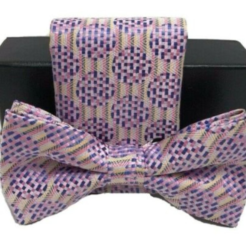 Barcelona Men's Bow Tie Hanky Set Pink Blue Yellow Silver Microfiber Pretied